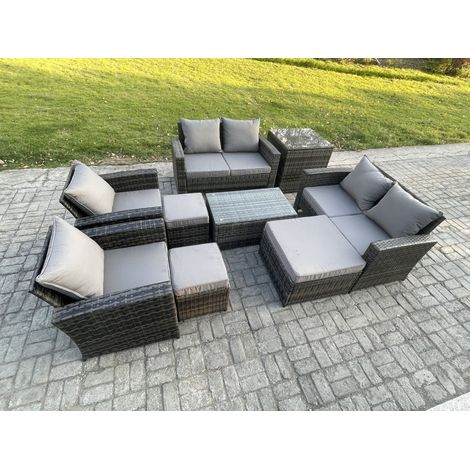 Fimous Garden Furniture Sets 9 Pieces Outdoor Rattan Furniture Manual Wicker Patio Sofa Chair Set with Coffee Table 3 Footstools Side Table Dark Grey Mixed (1/5)