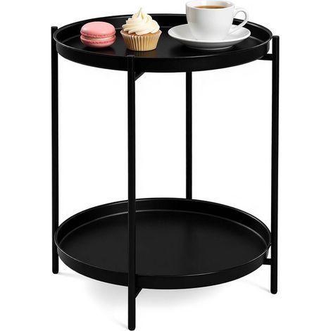 Mesa auxiliar redonda de metal negra con doble bandeja y almacenamiento (1/5)