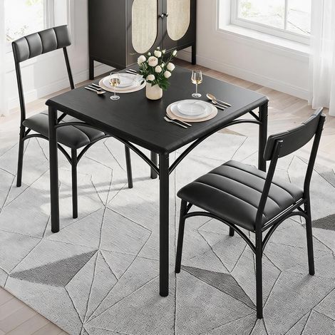 Ensemble Table à Manger 3 Pièces 2 Places, Table Carrée avec 2 Chaises Rembourrées, Structure Métal et Plateau MDF Effet Bois, Noir (1/5)