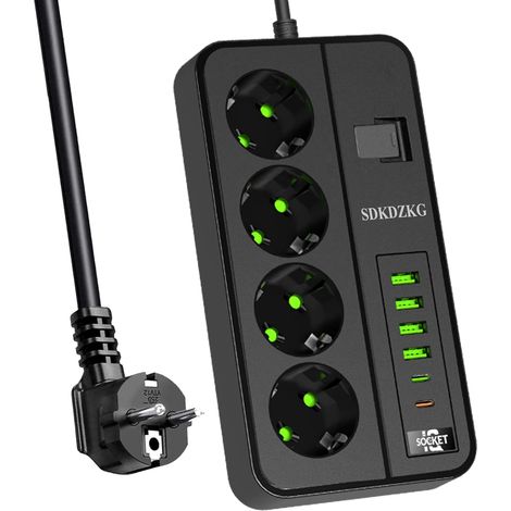 Multiprise 4 Prises Multiple (13A/3000w) avec Interrupteur Individuelles, 4 USB-A 2 USB-C Ports de Charge (3.1A/5V),3m Adaptateur Secteur Les Câbles, Applicable à Bureaux Et Voyage en Maison (1/5)