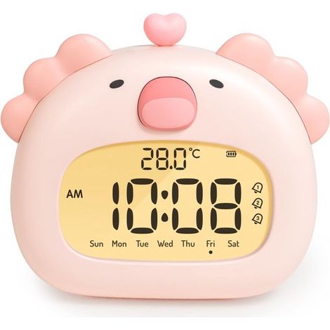 Réveil style axolotl avec veilleuse - Affichage numérique LED 8 cm, trois alarmes et affichage de la date - 1 pièce - Décoration pour chambre d'enfant, rose (1/5)
