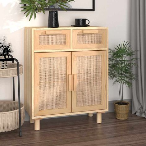 Aparador marrón madera pino maciza y ratán natural 60x30x75 cm (1/4)