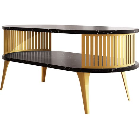 Mesa de centro Sordore 106, Dorado + Mármol negro, 44x50x100cm, Diámetro: 0, Aglomerado laminado, Ovalada (1/3)