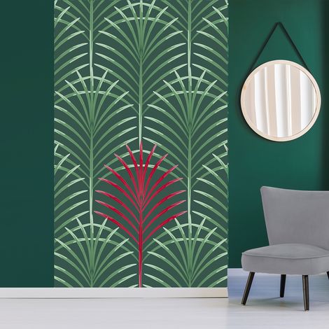 Papier peint intissé art déco, motif rouge, vert foncé, 250 cm X 150 cm (1/2)