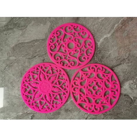 Set de 3 dessous de plat ronds épais en silicone rose, protège-plats et casseroles, tapis de table sculpté délicatement, antidérapant et résistant à la chaleur (1/5)