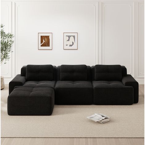 Modulares Sofa in L-Form mit Ottoman, 3-Sitzer, Cord, Schwarz HAVRYA (1/5)