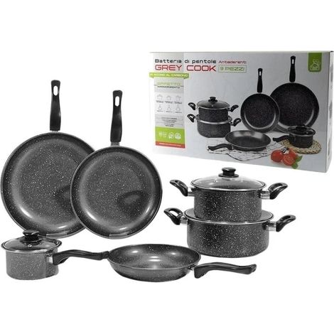 TrAdE Shop Traesio - Set Batteria Pentole Padelle 9pz Antiaderenti In Acciaio Al Carbonio Effetto Marmorizzato - (1/2)