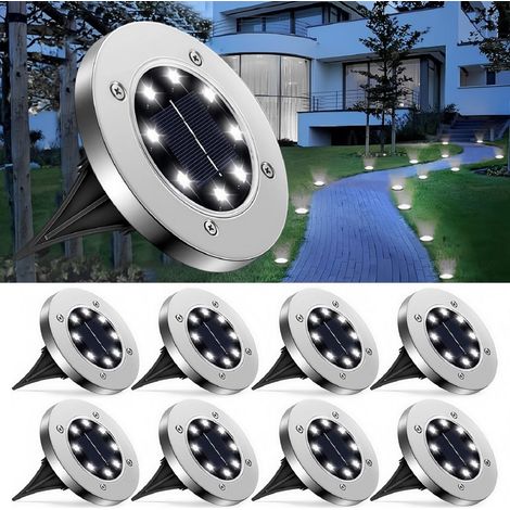 Lot de 8 spots solaires encastrables étanches à LED, éclairage solaire au sol, idéal pour terrasses, allées et pelouses, blanc.