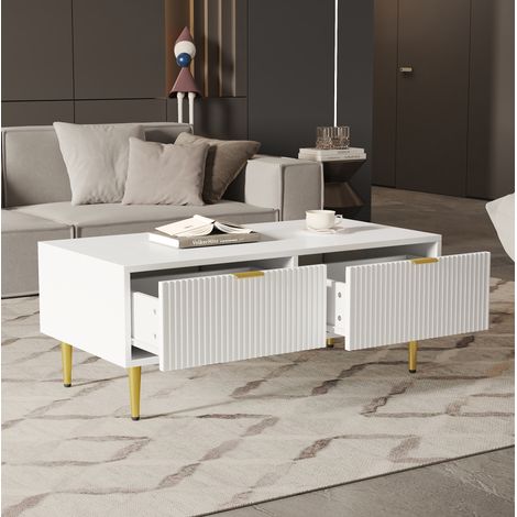 Tavolino 100 x 50 x 40 cm con 2 cassetti, MDF bianco e dorato DESVIAE (1/5)