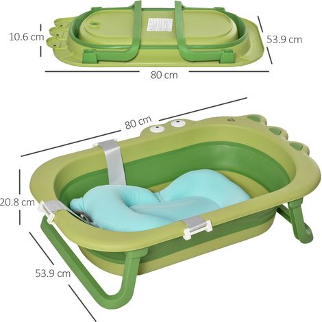 Faltbare Babybadewanne für Kinder von 0-3 Jahren mit verstellbarem blauem Kissen und rutschfesten Füßen, 80 x 53,9 x 20,8 cm, Grün