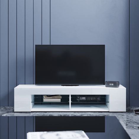 SONNI TV Schrank mit LED Beleuchtung Hochglanz Lowboard Weiß,Glasböden,ohne Schranktüren,135x39x30cm (1/5)