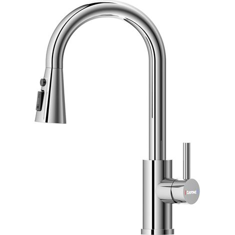 DAYONE Chrome Pull Out Kitchen Sink Mixer Tap, Stainless Steel Single Handle Taps Mixer for 1 Hole Kitchen Sink, 360°Swivel High Arc 3 Spray Mode Kitchen Faucet (1/5)