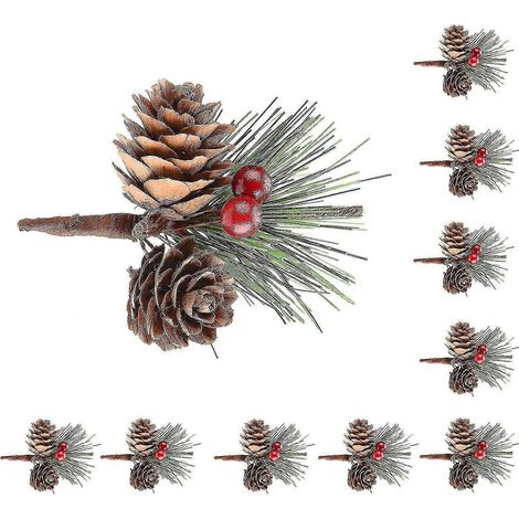 20 pics décoratifs de Noël avec baies rouges, branches de houx artificielles, pommes de pin et baies rouges, pour les fêtes d'hiver. (1/5)