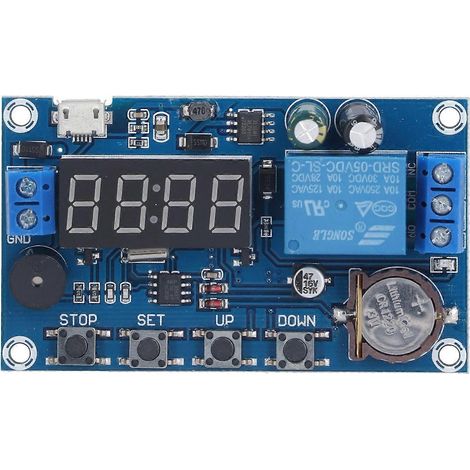 Module relais avec 5 périodes de temps, minuterie de temporisation de 24 heures, protection contre l'inversion de polarité, avertisseur sonore, interrupteur d'avertissement.