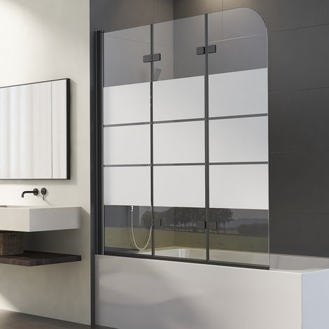 Schwarz Duschwand für Badewanne 120x140 cm Badewannenaufsatz 3-teilig Duschtrennwand für Badewanne Duschwand Badewanne Faltwand Duschabtrennung Badewanne, 6mm ESG Glas mit Milchglas Streifen
