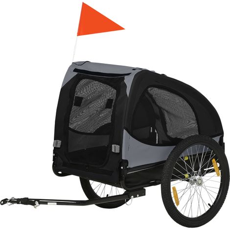 Remorque vélo pour chien avec fenêtres en filet, réflecteurs et fanion de sécurité, 140 x 71 x 83 cm, noire