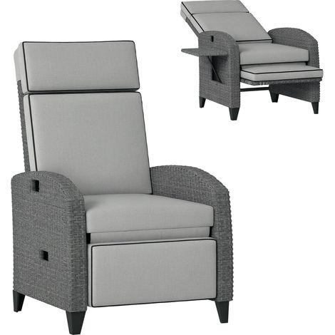 Outdoor Recliner Chair with Adjustable Backrest and Footrest, Cushion, Side Tray, Light Grey/Grey