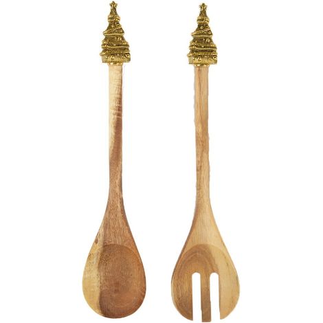 Couverts à salade en bois d'acacia avec motif sapin doré - Service de table de fêtes - 30 cm - PANGIVO (1/3)