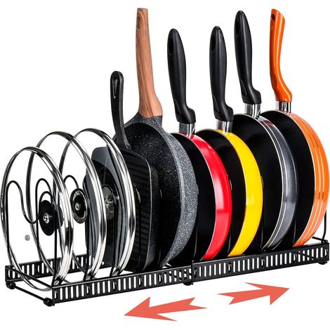 - Erweiterbarer Topforganizer - 6 bis 10 Fächer - Schwarzer Stahl - Küchenaufbewahrung für Deckel und Töpfe - Maße: 20 x 24 x 30–57 cm (1/5)