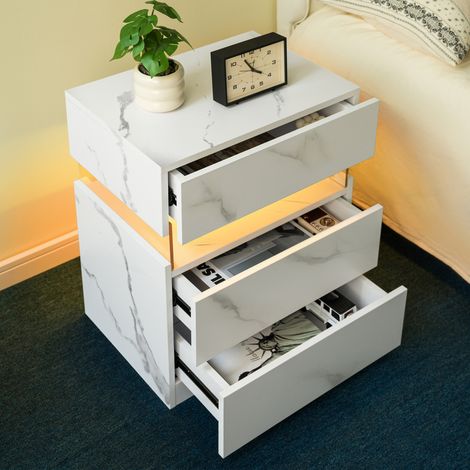 Table de chevet LED 3 tiroirs  blanche mate en bois reconstitué avec éclairage RGB et rangement (1/5)