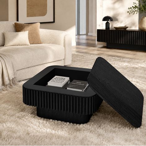 75cm Square Fluted Coffee Table with Hidden Storage, Solid Wood Veneered Modern Cocktail Table, 5-Minute Easy Assembly Accent Tea Table for Living Room, Bedroom, Apartment or Office, Black (1/5)