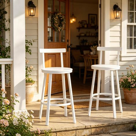 Taburete de bar blanco, lote de 2, estructura de metal y MDF, altura de asiento 65 cm DESVIAE (1/5)