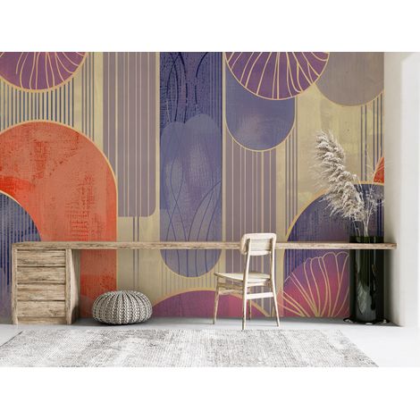 Papier peint géométrique - arches art déco orange et violettes - 150 x 250 cm (1/2)