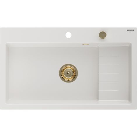 Mexen Omar lavello in granito 1-vasca 800 x 480 mm, bianco, sifone dorato - 6520801005-20-G