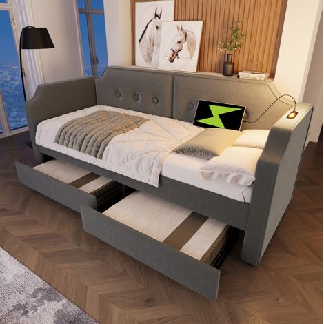 Cama con almacenaje 90x200 cm terciopelo gris OKMYHOME (1/5)