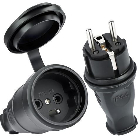 2 PCS Paires de Fiches Schuko, Kit Schuko Fiche + Prise Femelle Étanche IP44, 250V 16A Fiche Électrique en Caoutchouc Broche, Fiche D'alimentation de Contact de Protection (1/5)