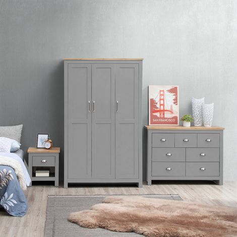 Grey 3 – Piece Bedroom Furniture Set 3 Door Wardrobe 3+2+2 Chest 1 Drawer Bedside Oak Top (1/5)
