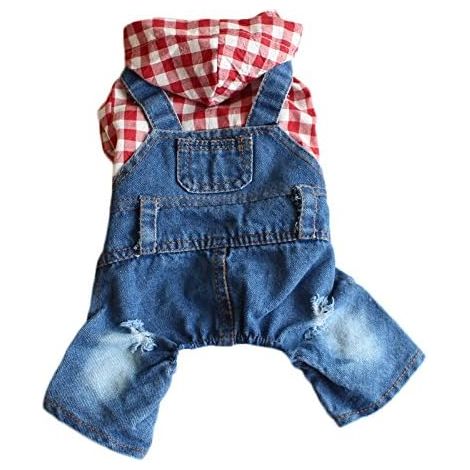 CSPARKV 20x32x10cm Plaid Dog Shirt Four-legged Sweater Jumpsuit Comfortable Denim Clothes Overalls Dog Costume Hooded T-shirt Jumpsuit for Puppies and Small Dogs (1/5)