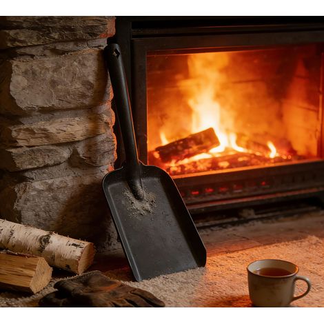 Grande pelle à cendres extra large pour cheminée, pelle à charbon en acier robuste avec côtés surélevés, 39,5 cm de long, 13,5 cm de large, revêtement en poudre noire (1/5)
