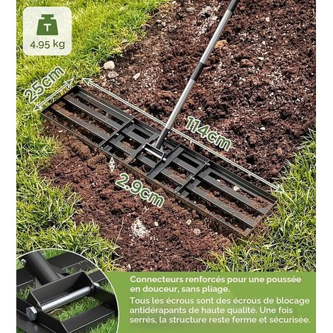 Rateau Nivellement 114 x 25 cm, râteau de nivellement, avec Manche Acier Inoxydable 180 cm, Outil réglable, rateau Jardin et rateau Gazon pour niveler Terre, Sable et pelouses (1/3)