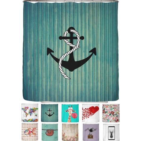 Rideau de Douche 180x200 – Rideaux de Douche en Tissu Polyester Épais Lavable en Machine avec Anti Moisissure et Imperméable Inclus 12 Crochets Rideau (Ancre)