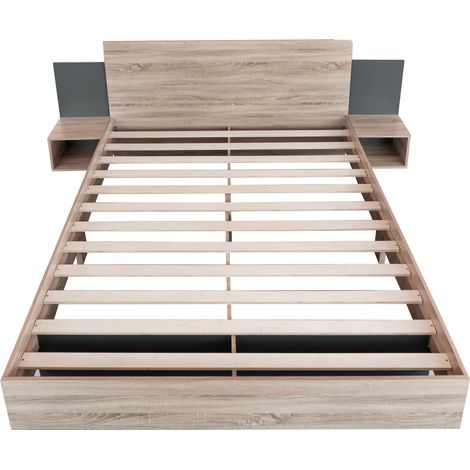 Lit double 160 x 200 cm avec 2 tables de chevet, bois et gris foncé, MODENUIT (1/5)