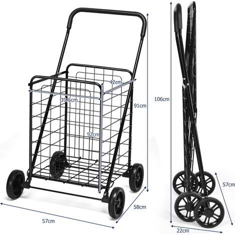 Chariot de courses pliable noir en acier avec grand panier et 4 roues, poignée rembourrée, supporte 45 kg pour courses et jardin (1/5)