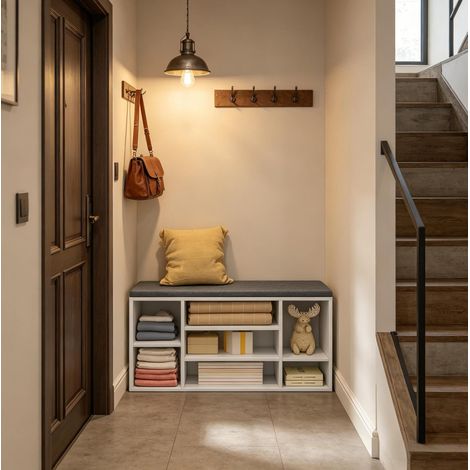 CHICFURN Banco zapatero 103,5 x 30 x 48 cm en madera blanca y gris, con cojín (1/5)