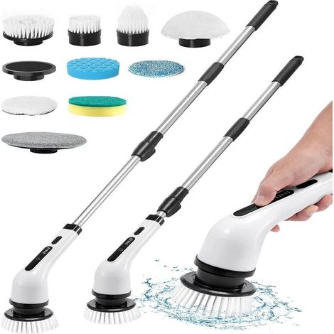 Brosse de nettoyage électrique sans fil avec 9 têtes interchangeables, manche télescopique, 2 vitesses, IPX6, pour salle de bain, cuisine, voiture (1/5)