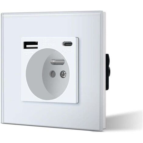 Prise Murale avec USB et Type C, Prise de courant en Verre avec USB 2.1A courant 16 Amp 240V 86mm,Convient au Smartphone, à la Tablette (Blanc) (1/4)