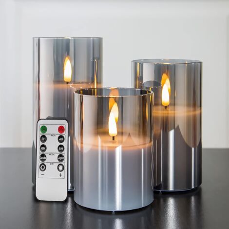 Bougies scintillantes sans flamme en verre gris argenté avec télécommande, paquet de 3 fausses bougies LED réalistes∅ 3" H 4" 5" 6" (1/4)