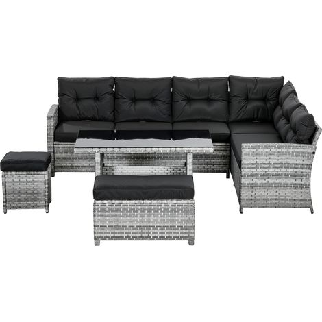 5-Piece Rattan Patio Furniture Set Corner Sofa, Footstools, Glass Coffee Table, Cushions, Mixed Grey (1/5)