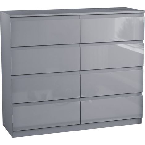 Glinton 8 Drawer Chest of Drawers High Gloss Bedroom Storage Furniture, 100% FSC, Grey