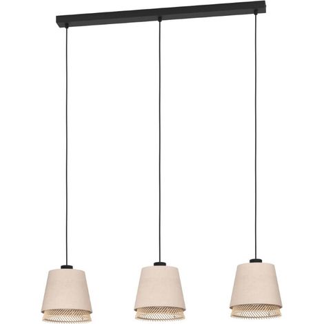Table légère suspendue en acier noir Textile, Wood Nature, Brown E27 3x40W L: 89cm B: 19cm H: 110cm Dimmable (1/3)