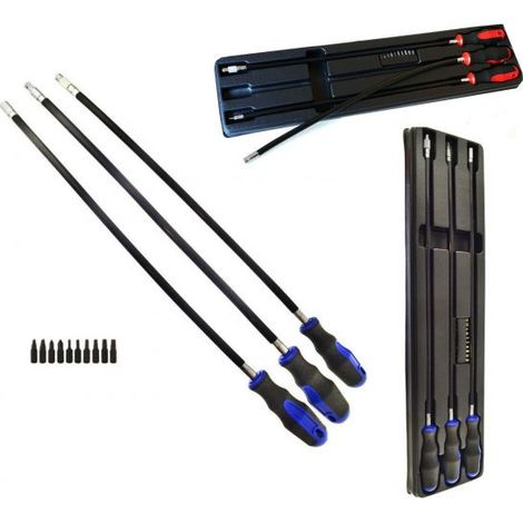 Set 3 cacciaviti cacciavite extra lunghi flessibili da 600mm + 10 inserti