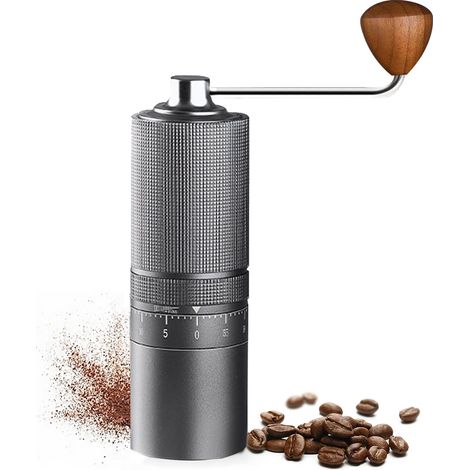 Moulin à café manuel de haute précision avec meule 6 étoiles en acier inoxydable 420 et 150 niveaux de mouture réglables. Corps léger en aluminium pour la maison, les voyages et le bureau (gris).