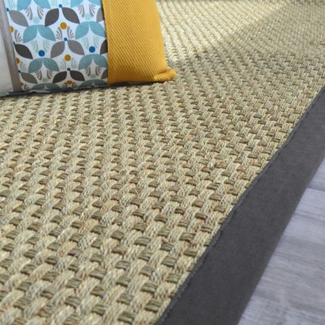 Tapis jonc de mer - Paro fin natté 4x4 - Ganse coton anthracite - 120 x 170 cm (1/5)