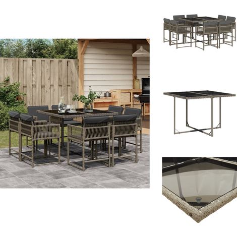 9-tlg. Garten-Essgruppe mit Kissen Grau Poly Rattan - Gartentisch - Gartenmöbel - Essgruppe - Outdoor Möbel - Terrassenmöbel (1/5)