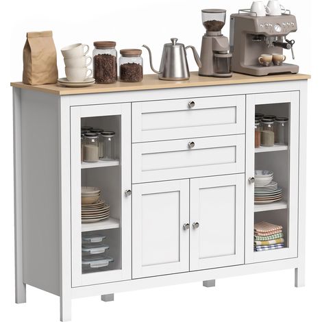 Meuble de cuisine avec 2 tiroirs et 3 placards, portes vitrées et étagères réglables, 120 x 40 x 90 cm, blanc et chêne (1/5)