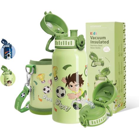 Gourde Enfant en Acier Inoxydable avec 2 Bouchons - Gourde Enfant 550ml avec Paille - Étanche, Sans BPA, Inclut une Housse de Protection - Pour Filles et Garçons, Football vert (1/5)